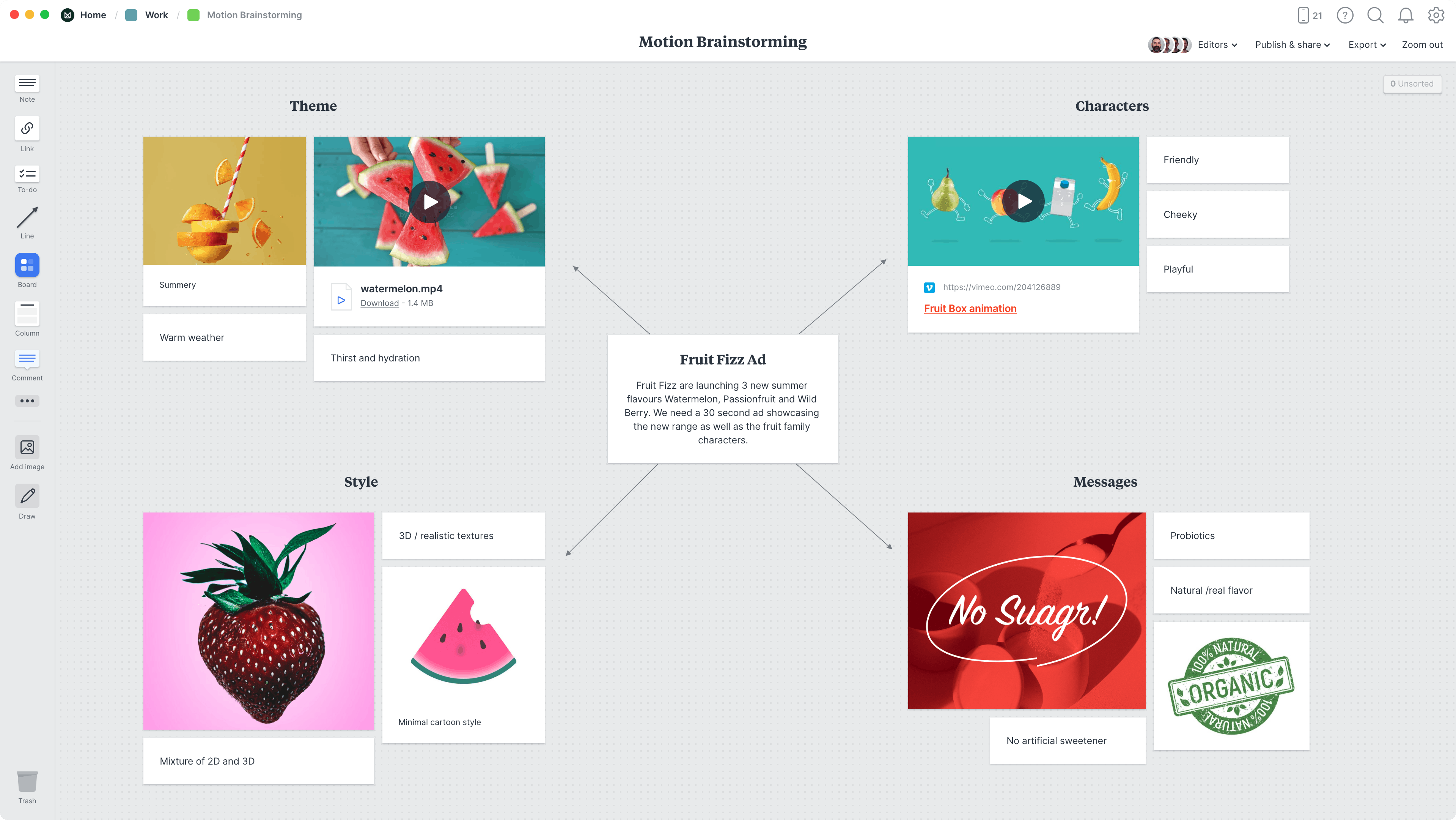 Motion Design Brainstorming Template, within the Milanote app
