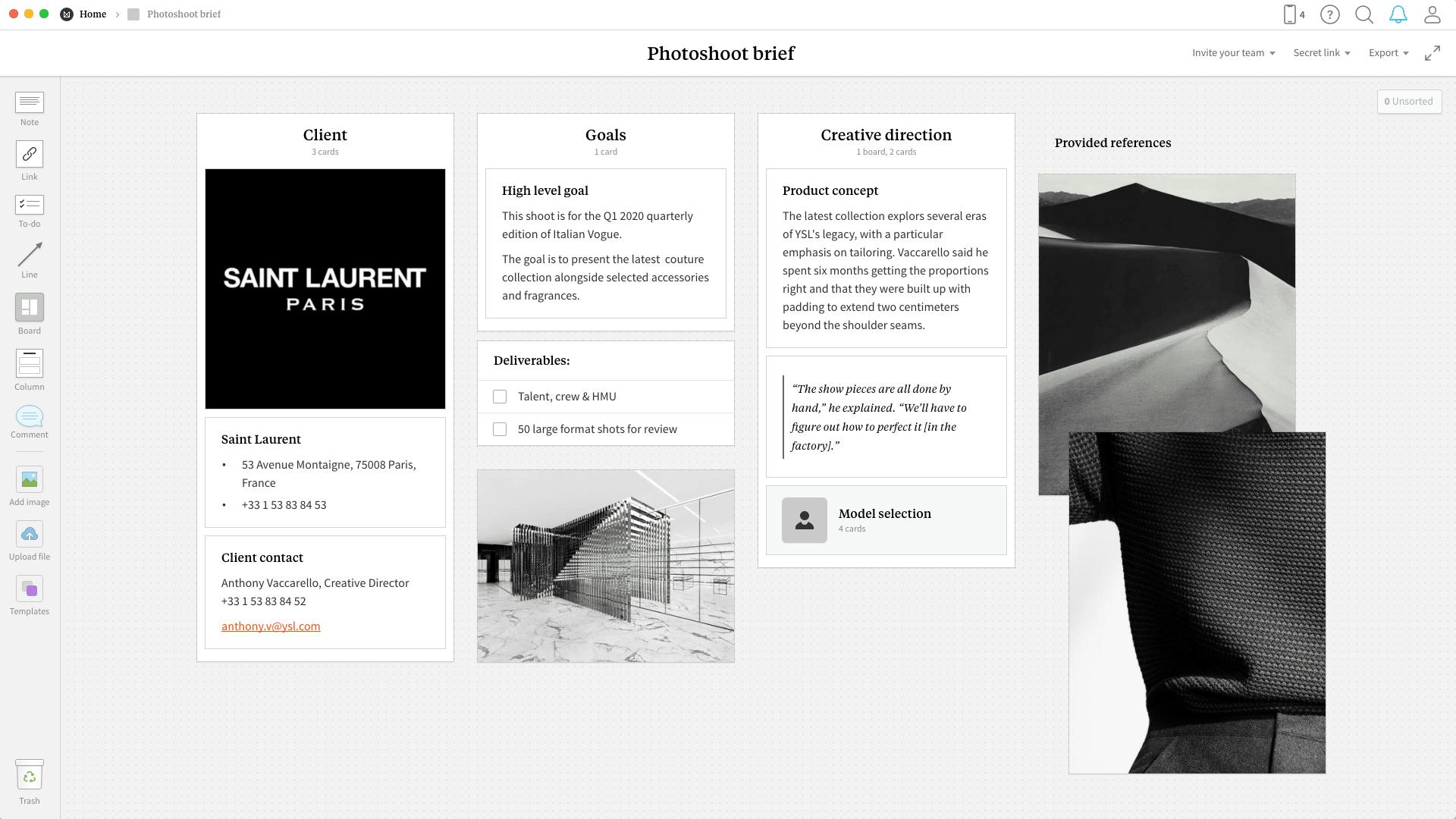 Completed Photoshoot Brief template in Milanote app