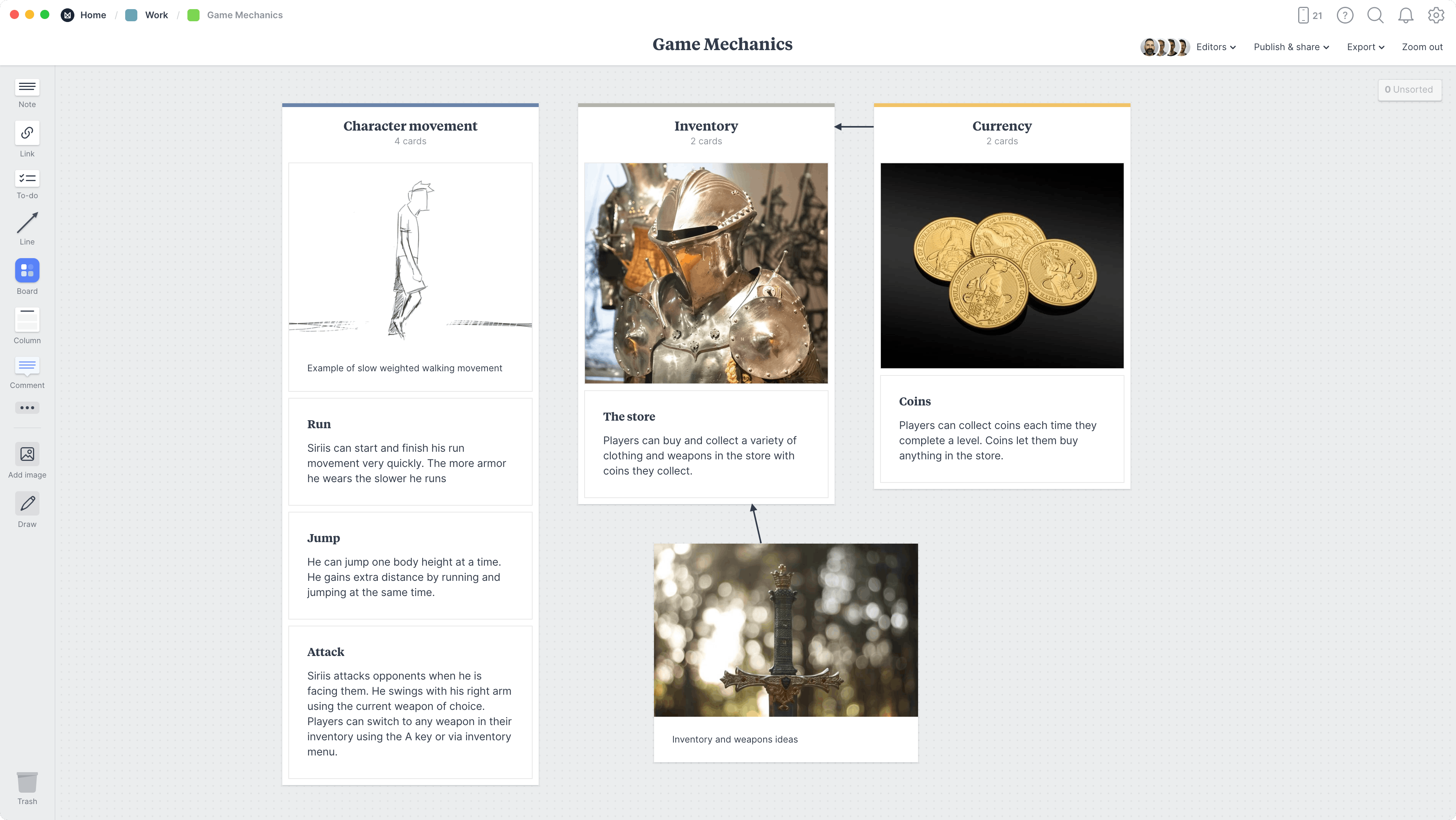 Game Mechanics Template, within the Milanote app