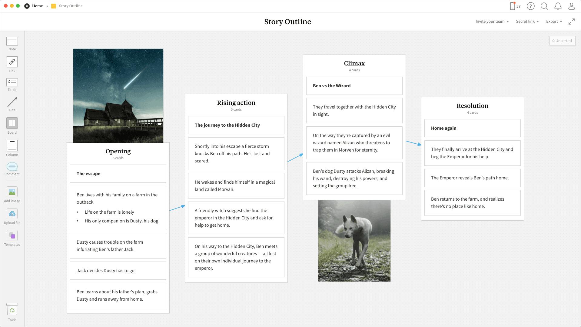 Completed Story Outline template in Milanote app