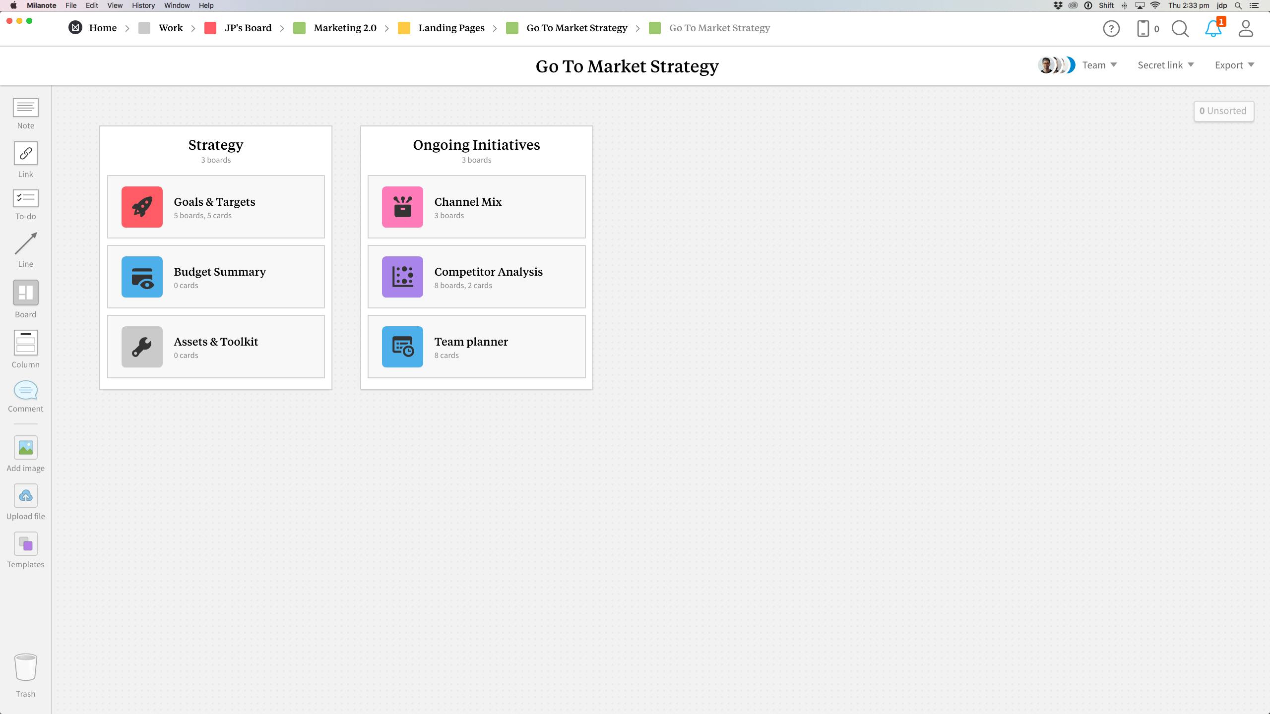 Completed Go-to-market Strategy template in Milanote app