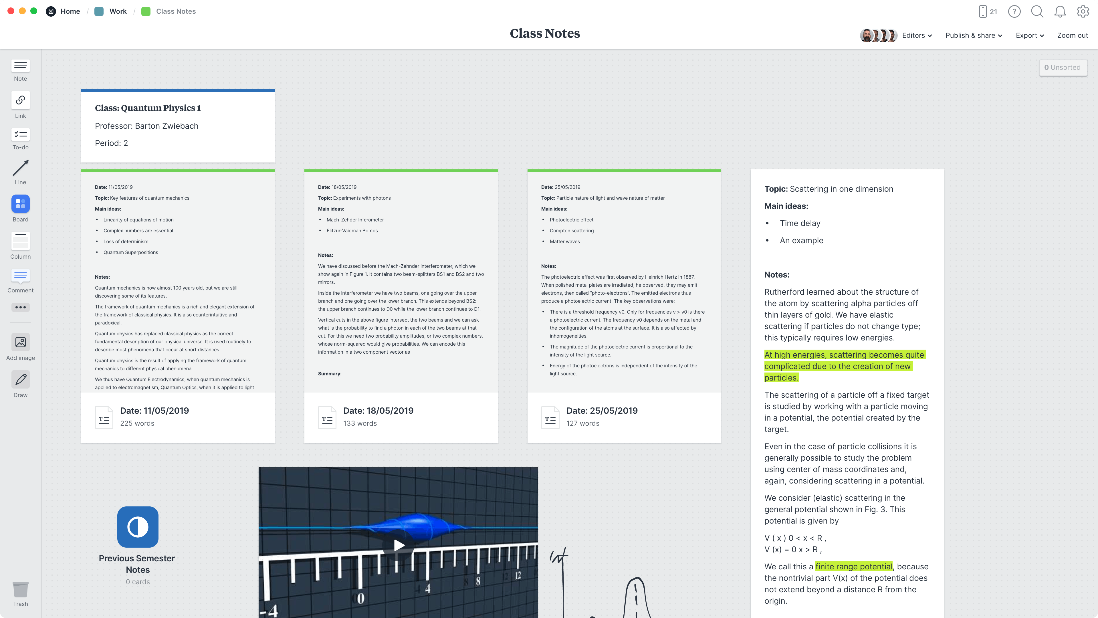 Class Notes Template, within the Milanote app
