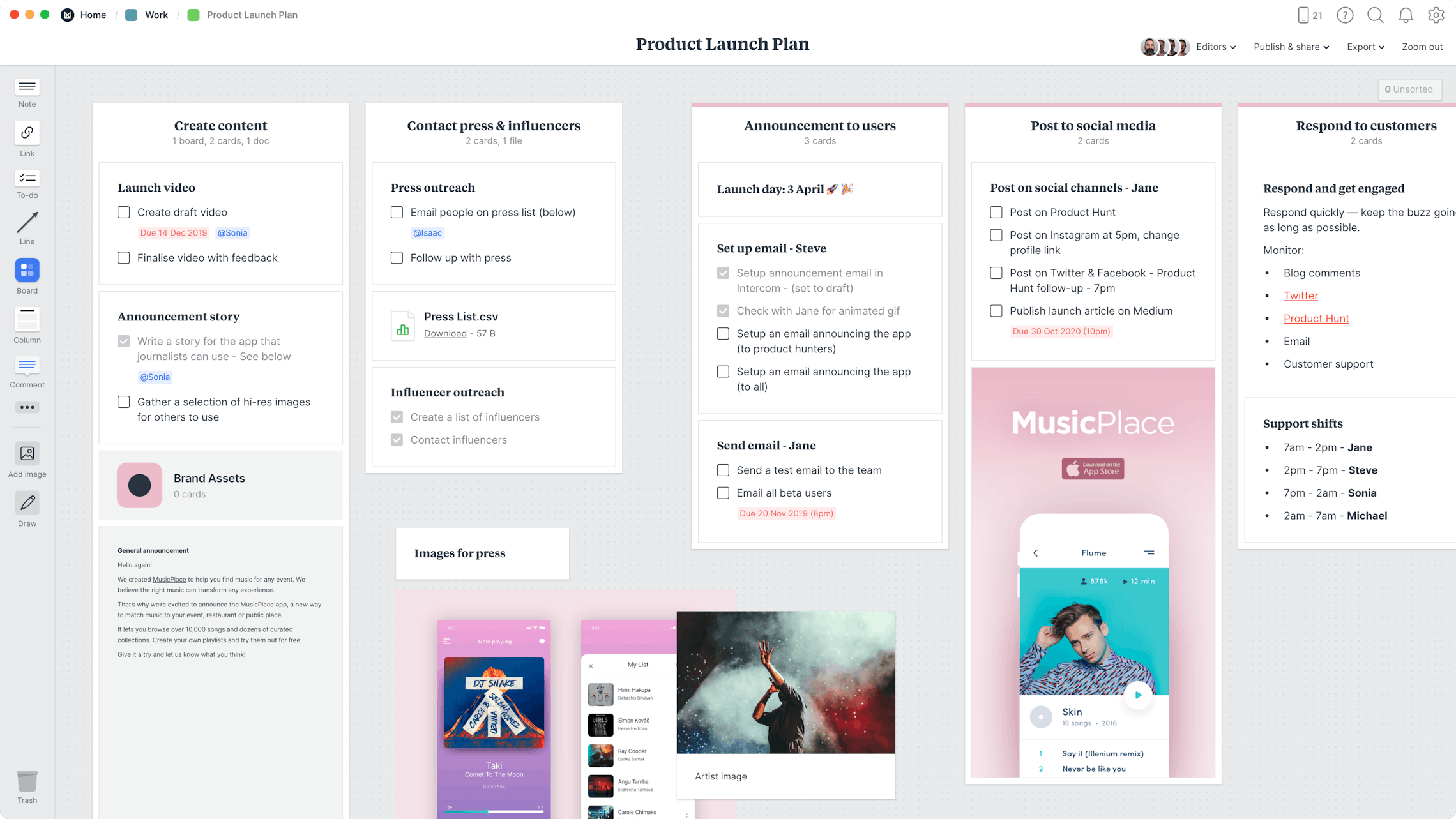 Product Launch Plan Template, within the Milanote app