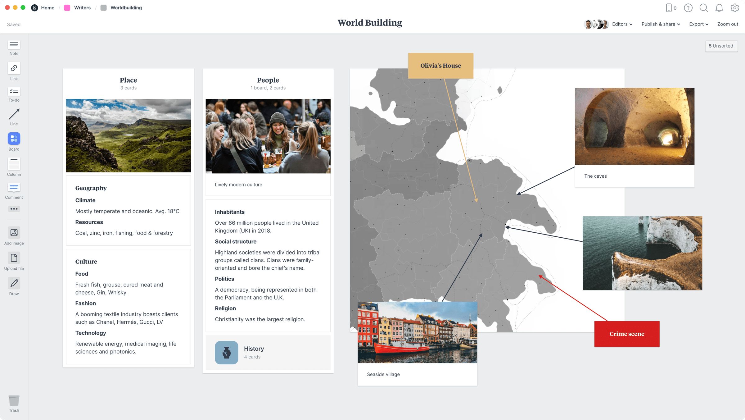 World Building Template, within the Milanote app