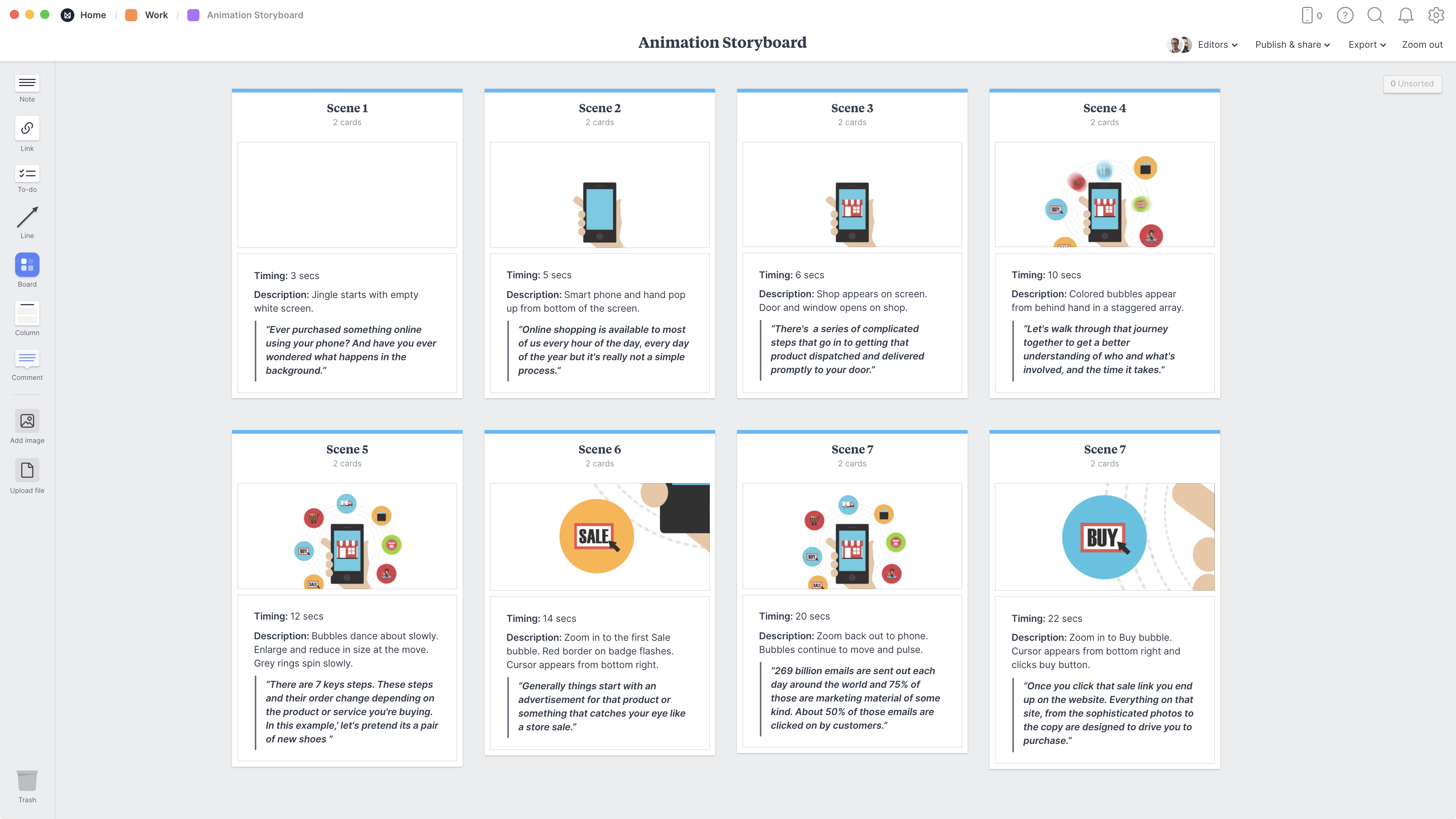 Animation Storyboard Template, within the Milanote app