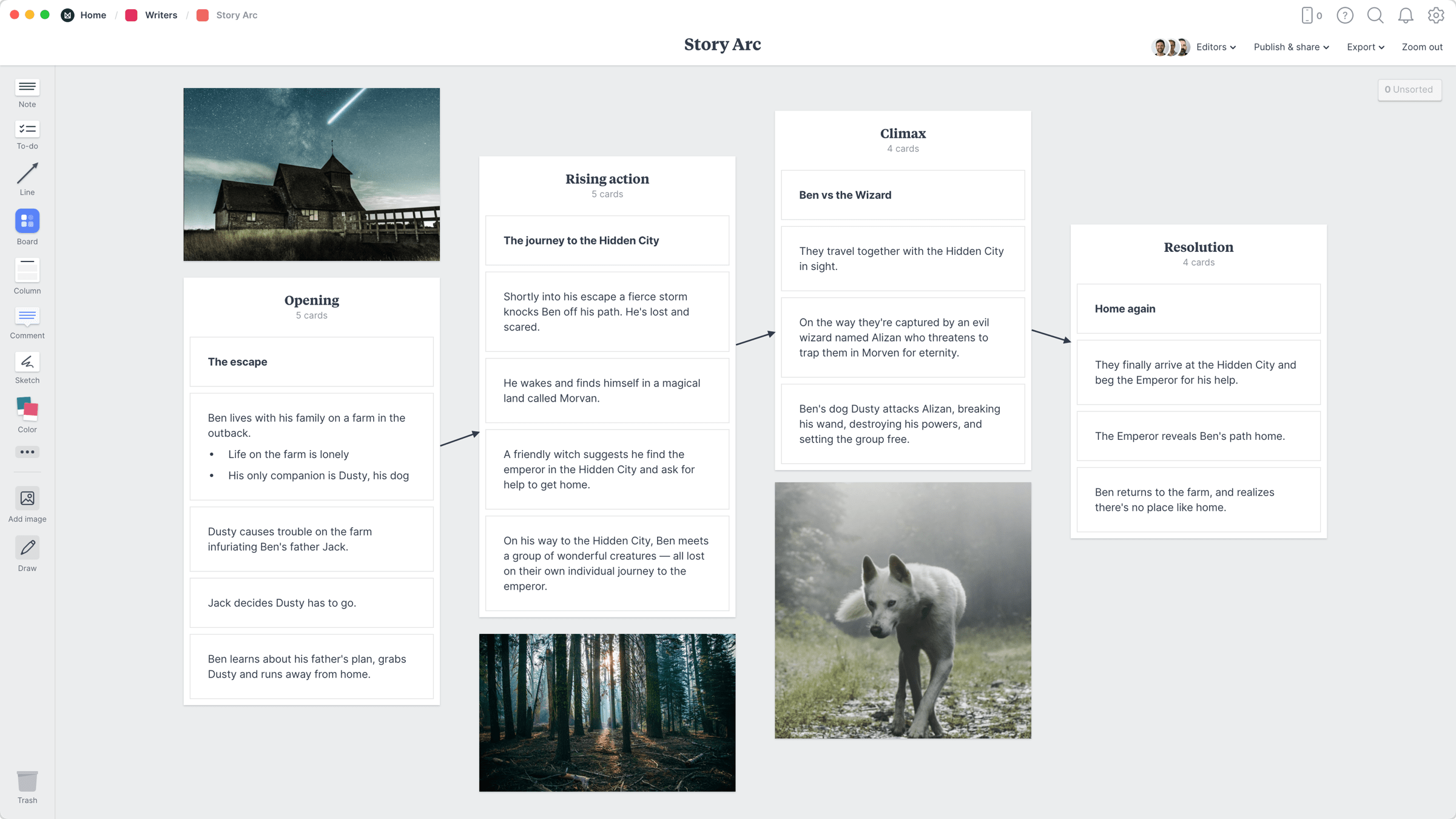 Story Arc Template, within the Milanote app