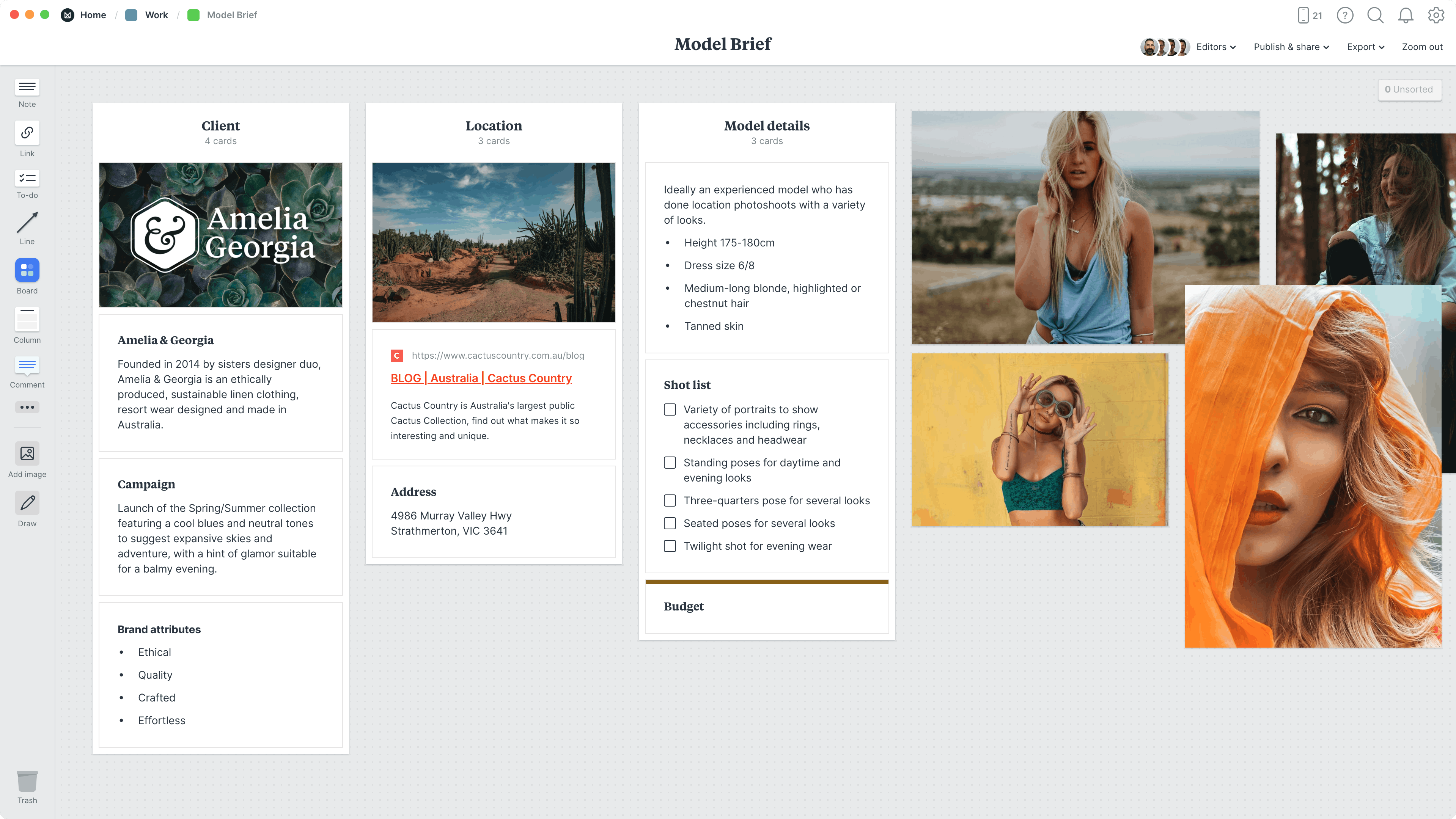 Model Brief Template, within the Milanote app