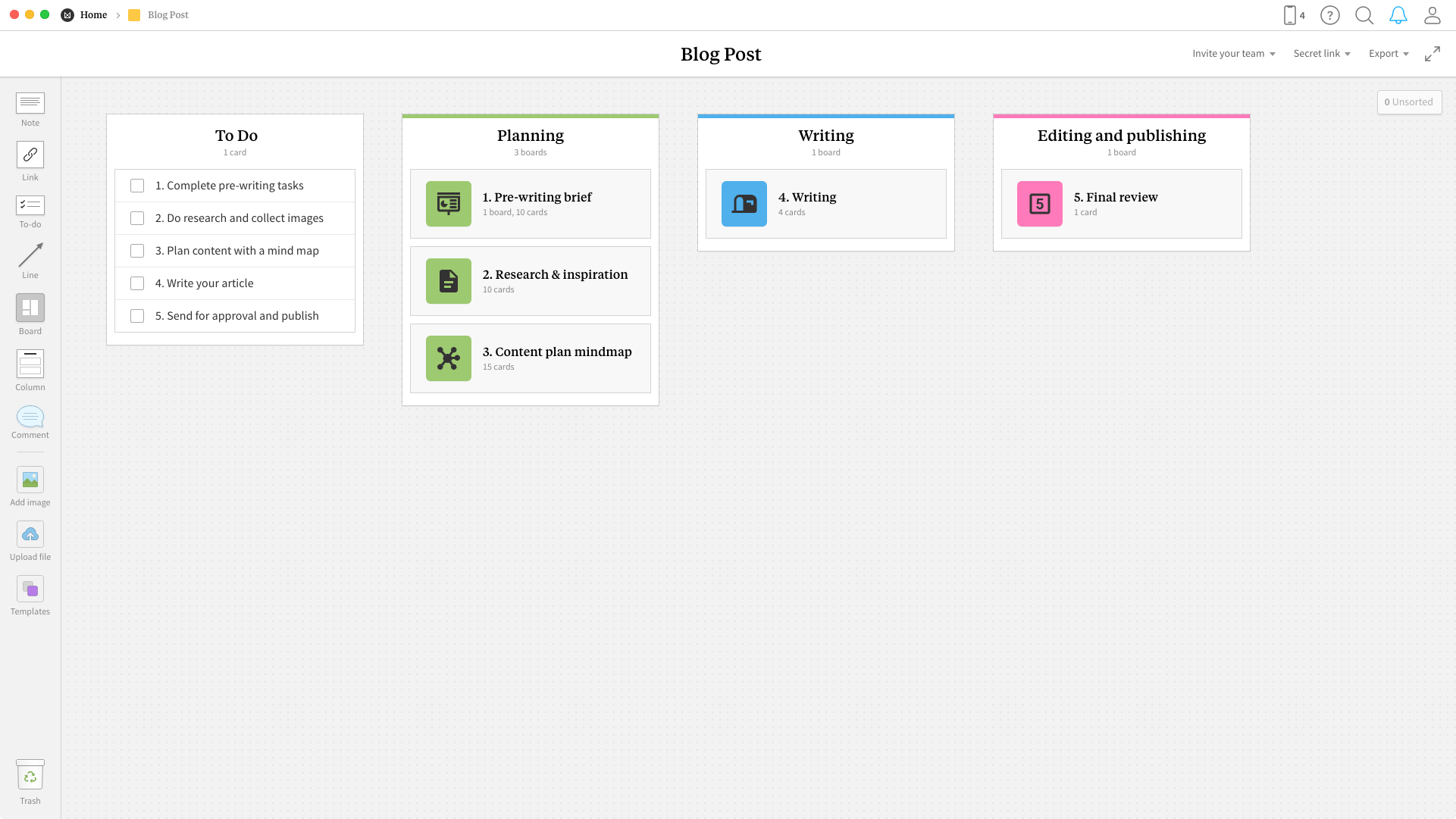 Completed Blog Post template in Milanote app