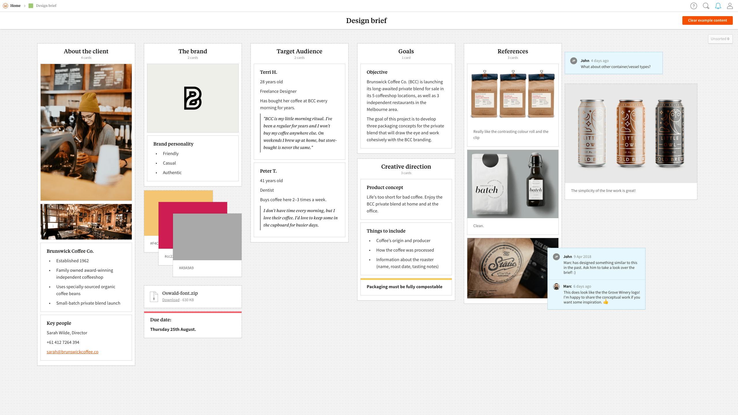 Completed Design Brief template in Milanote app