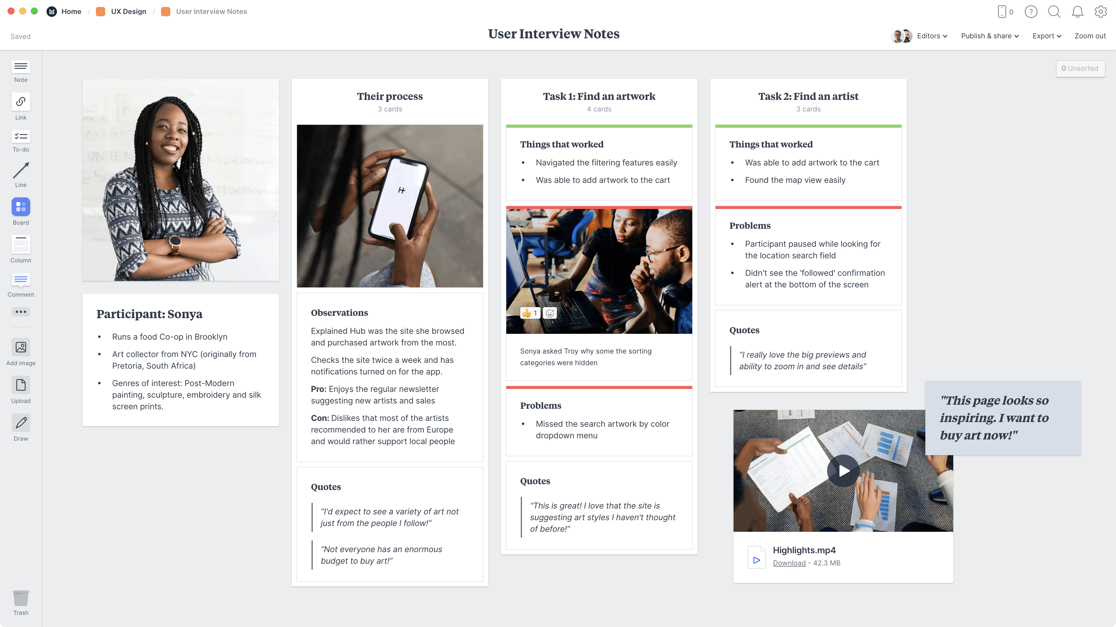 User Interview Notes Template, within the Milanote app