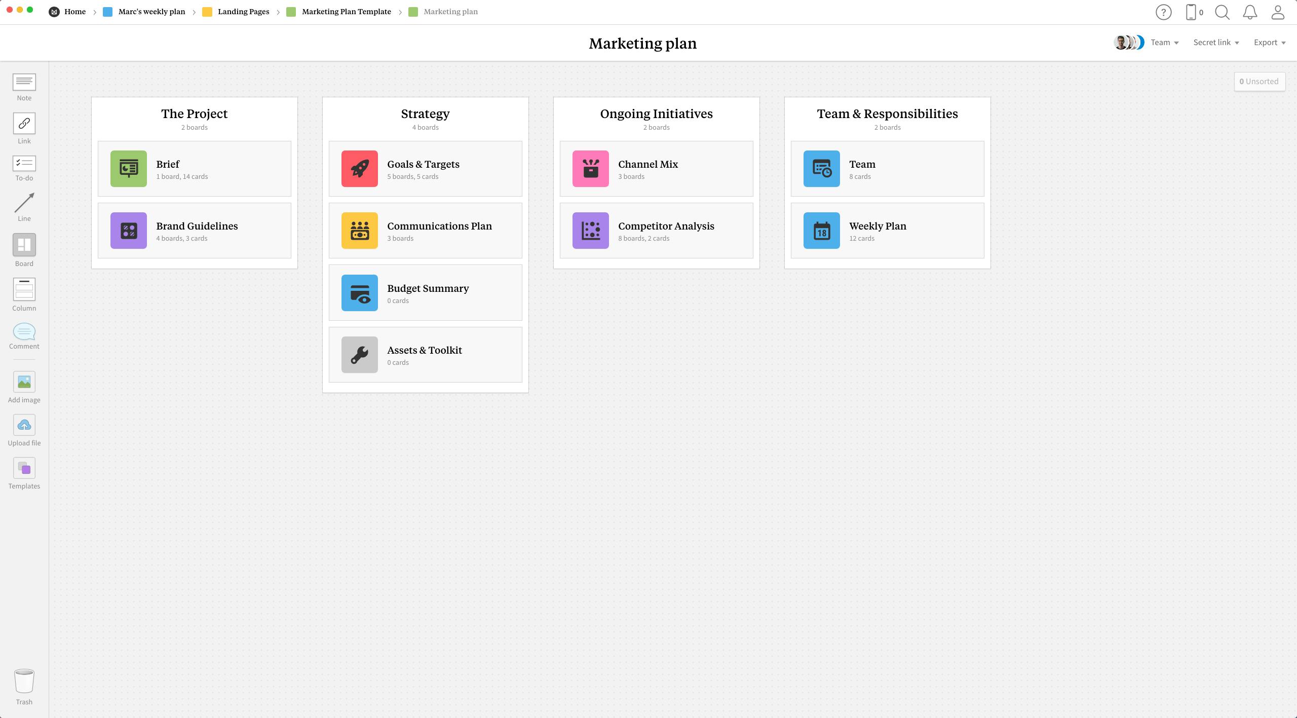 Completed Marketing Plan template in Milanote app
