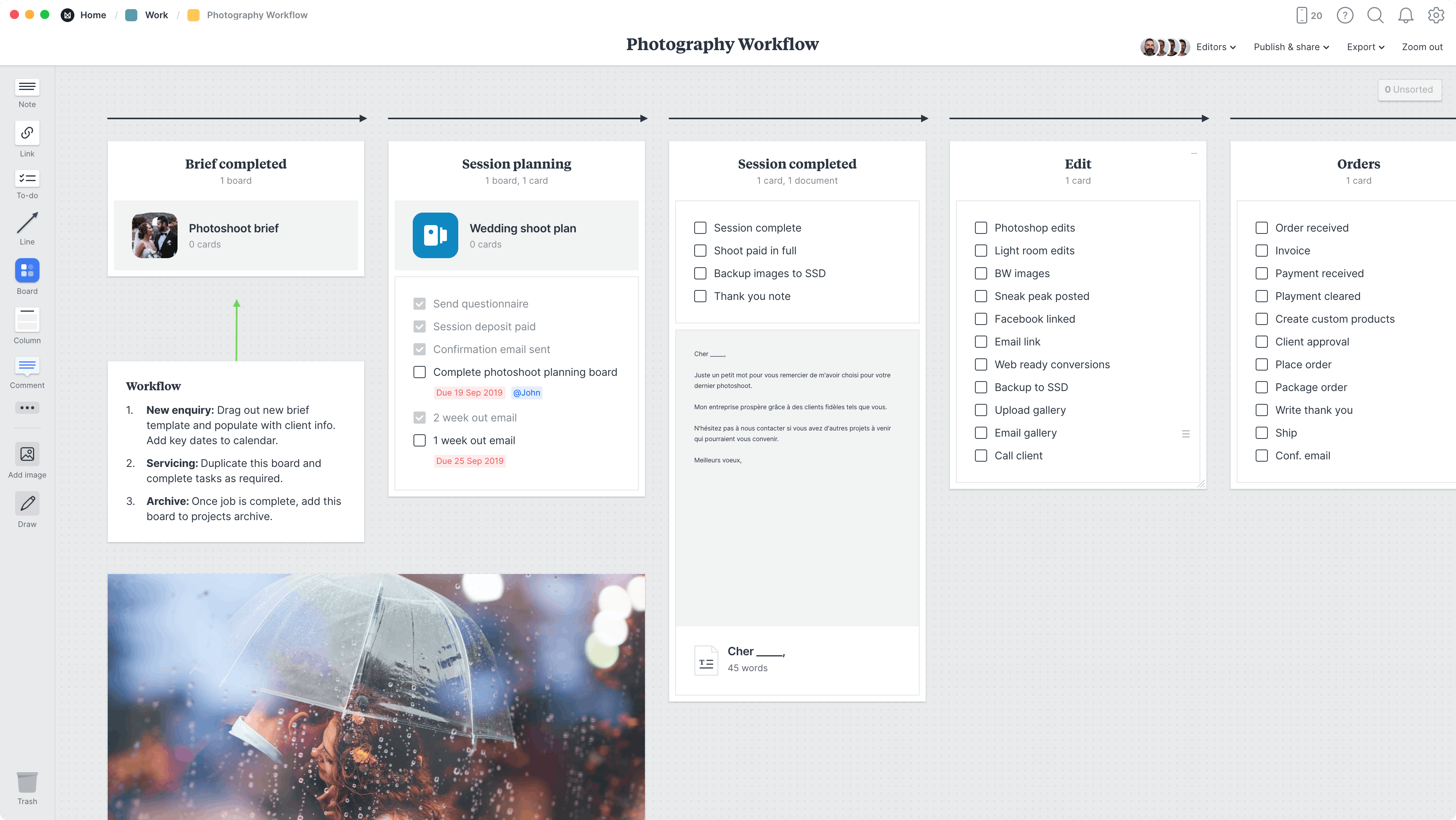Photography Workflow Template, within the Milanote app