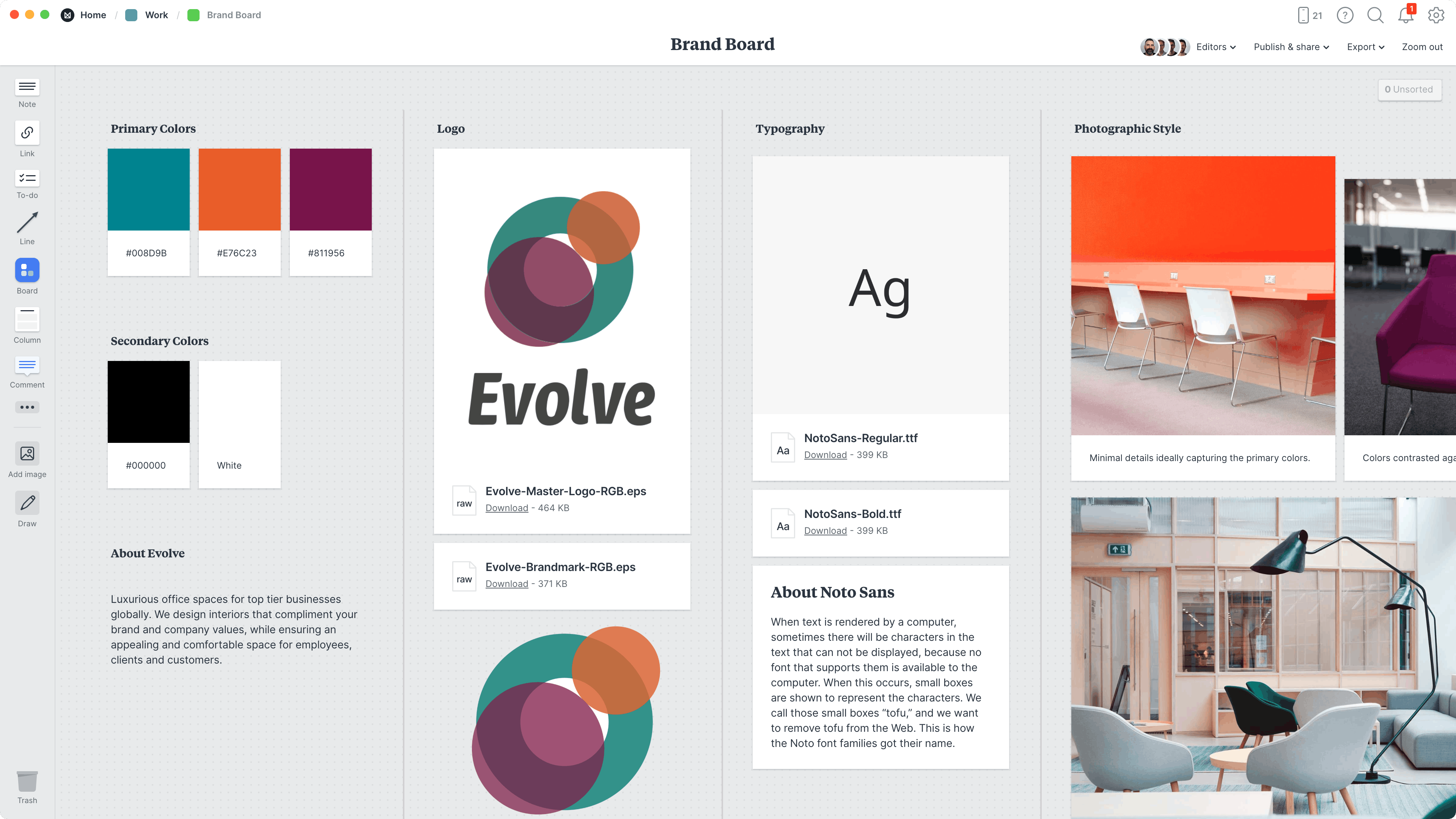 Brand Board Template, within the Milanote app
