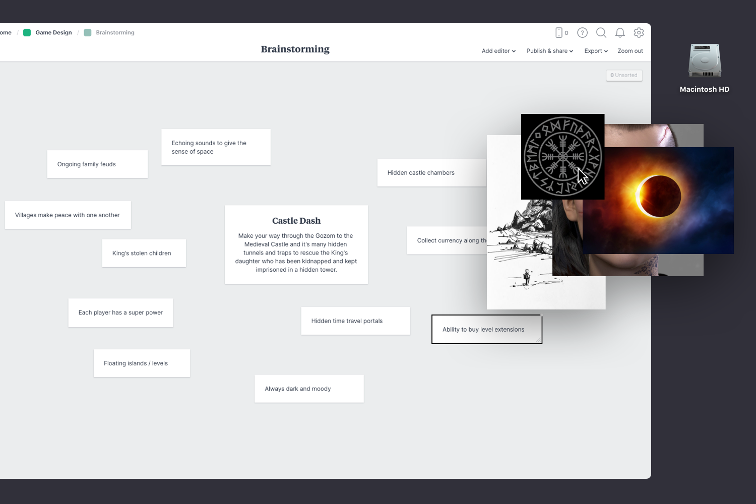 Adding images to game design brainstorming session
