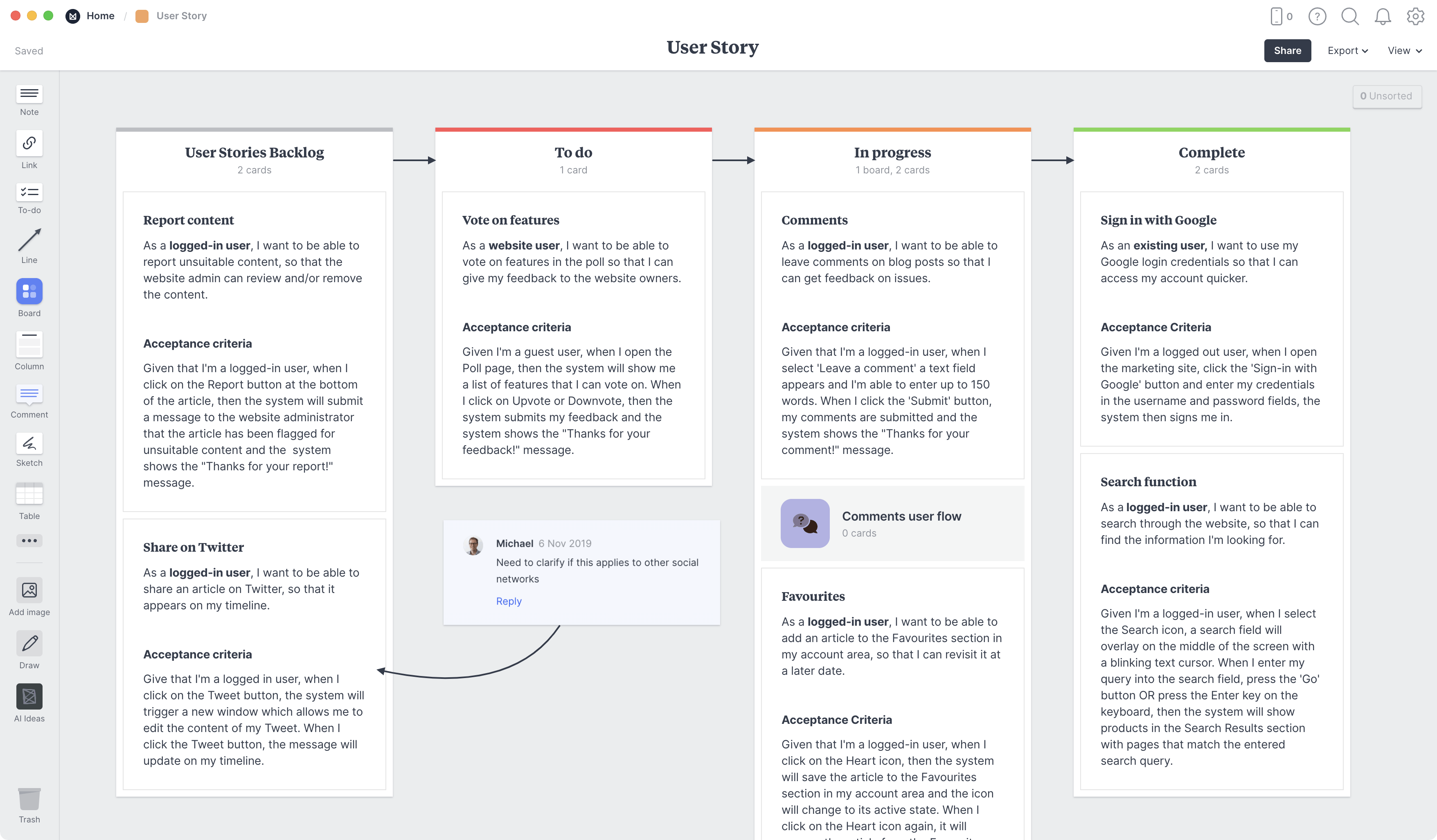 User Story Template, within the Milanote app
