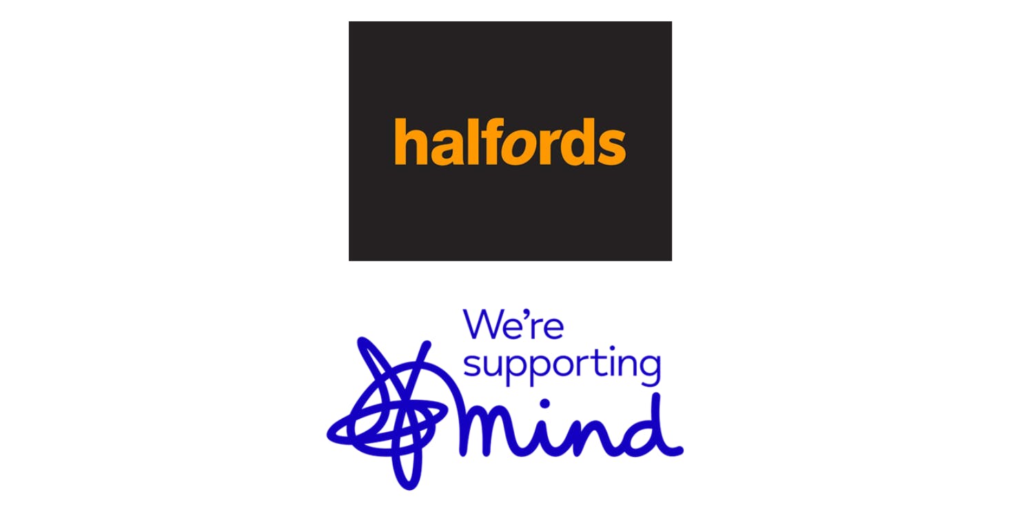 Halfords logo alongside we're supporting Mind