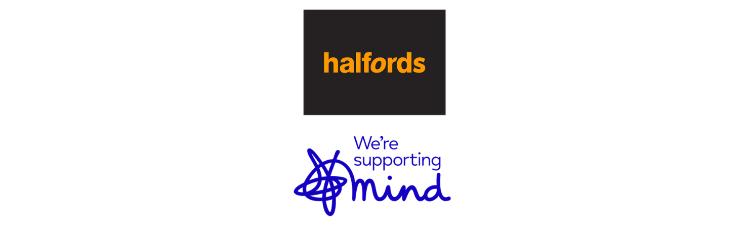 Halfords logo alongside we're supporting Mind