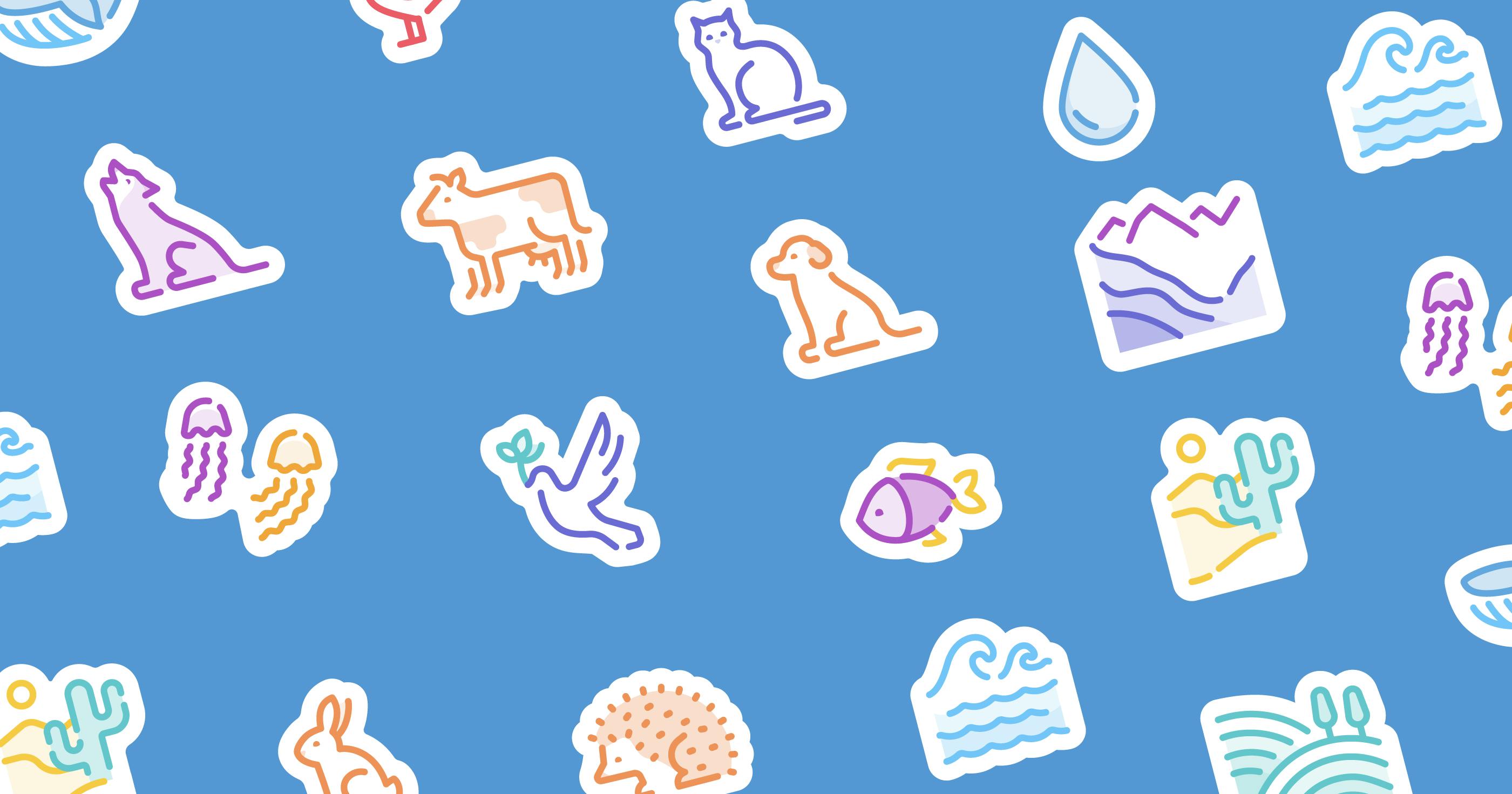 Stickers with cat, dog, cow, rabbit, and wave