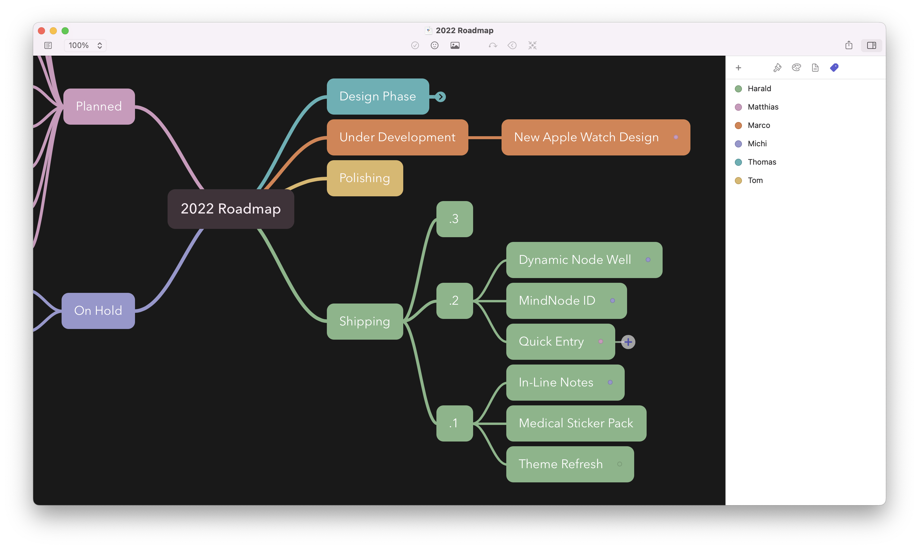 Markus' roadmap mind map for MindNode in 2022