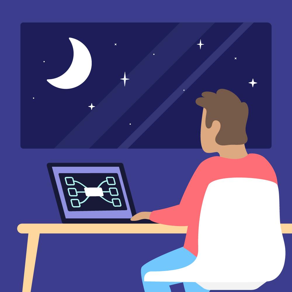 Illustration of a man, brown hair and wearing a pink shirt and blue trousers, sitting on a computer desk. The computer screen shows a mind map in dark mode. The desk is in front of a window showing the dark night sky with stars and the moon.