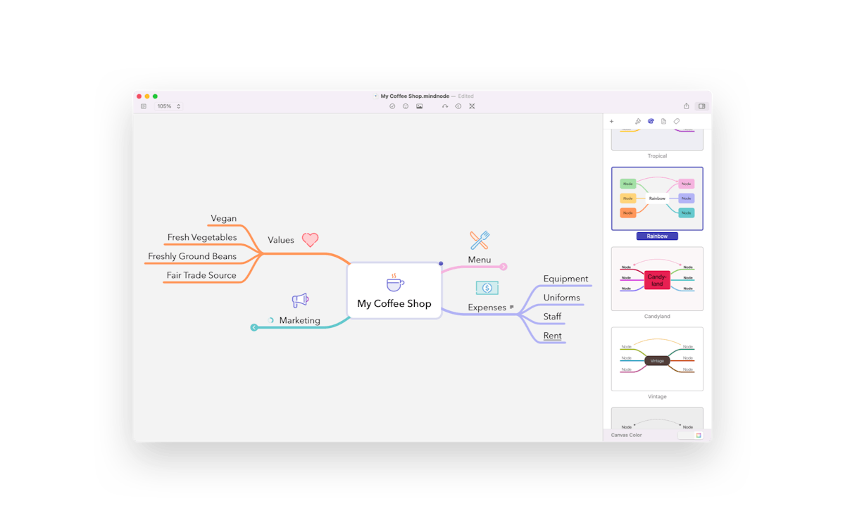 Changing the appearance of your mind map via the theme selection 