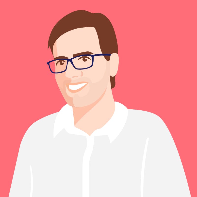 Digital illustration. Headshot of Marco Masser, a person with a light skin tone and short brown hair parted to the side, wearing blue-framed glasses and a white button-down collared shirt.
