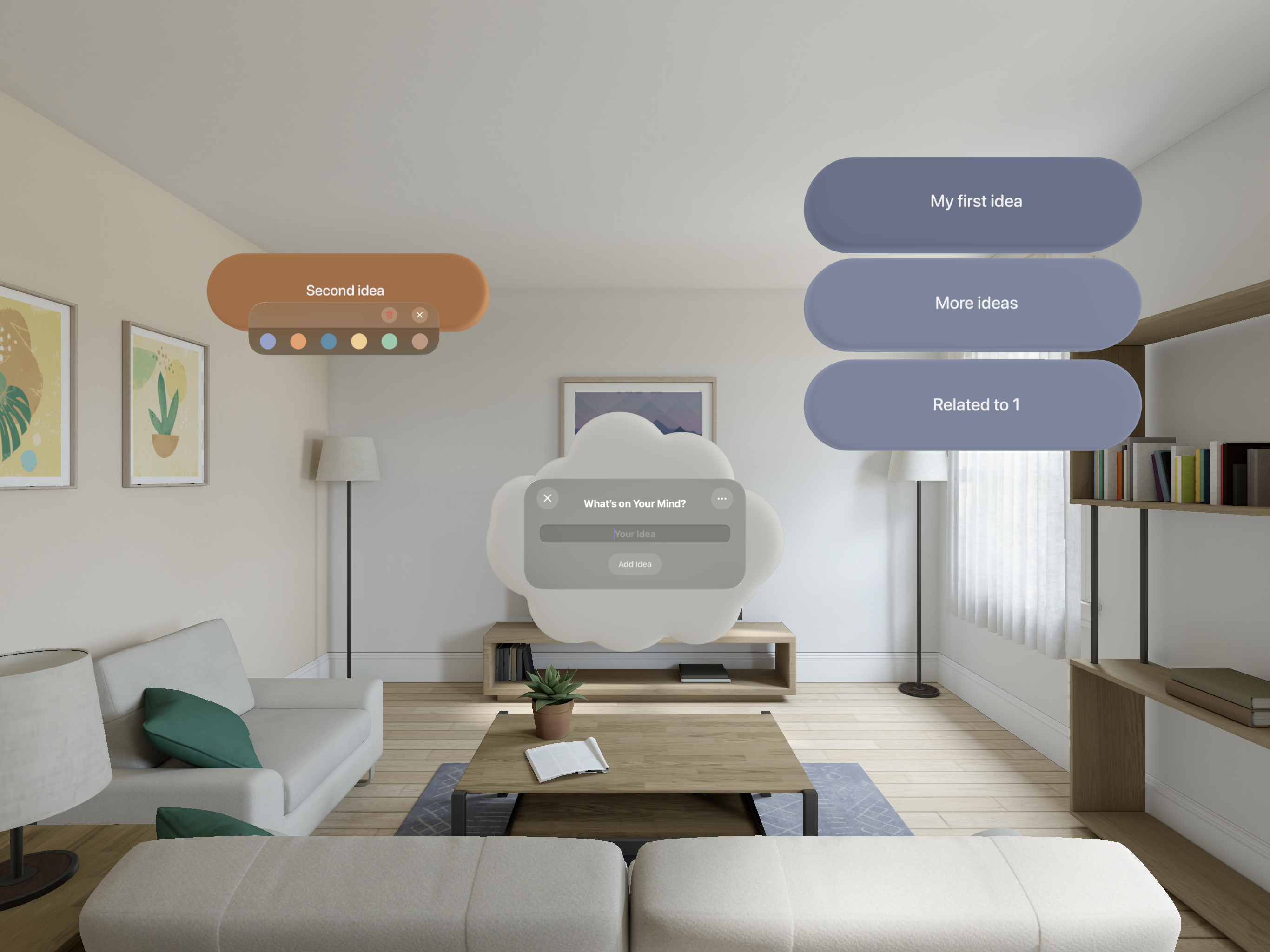 Floating central cloud in a living room with a stack of ideas and another single idea with open inspector to change the color.