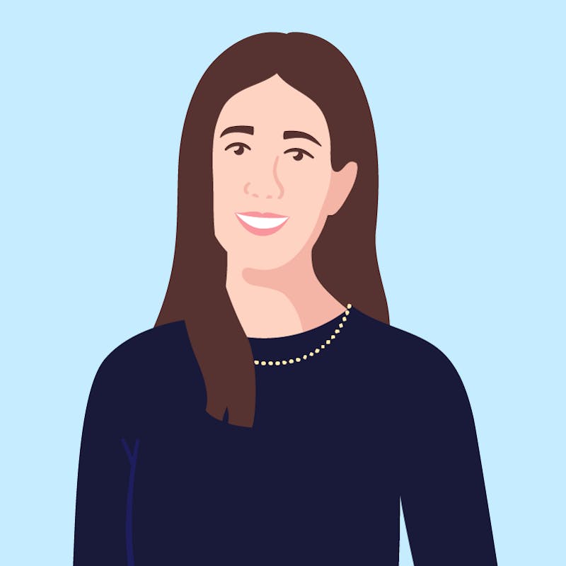 Digital illustration. Headshot of Jessica Rudigier, a person with a light skin tone and long brown hair, wearing a gold beaded necklace and navy crew neck sweater.