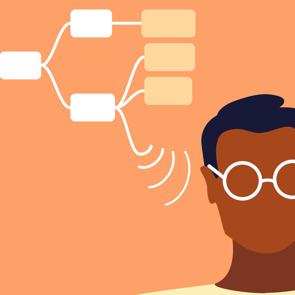 Illustration of a dark-coloured man with dark hair and white glasses, listening to his thoughts, which are demonstrated with a mind map with white and bright orange bubbles and branches.