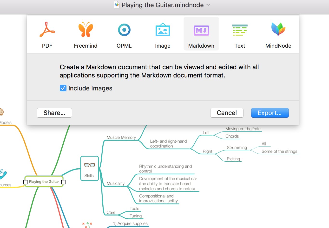 MindNode Export document dialog