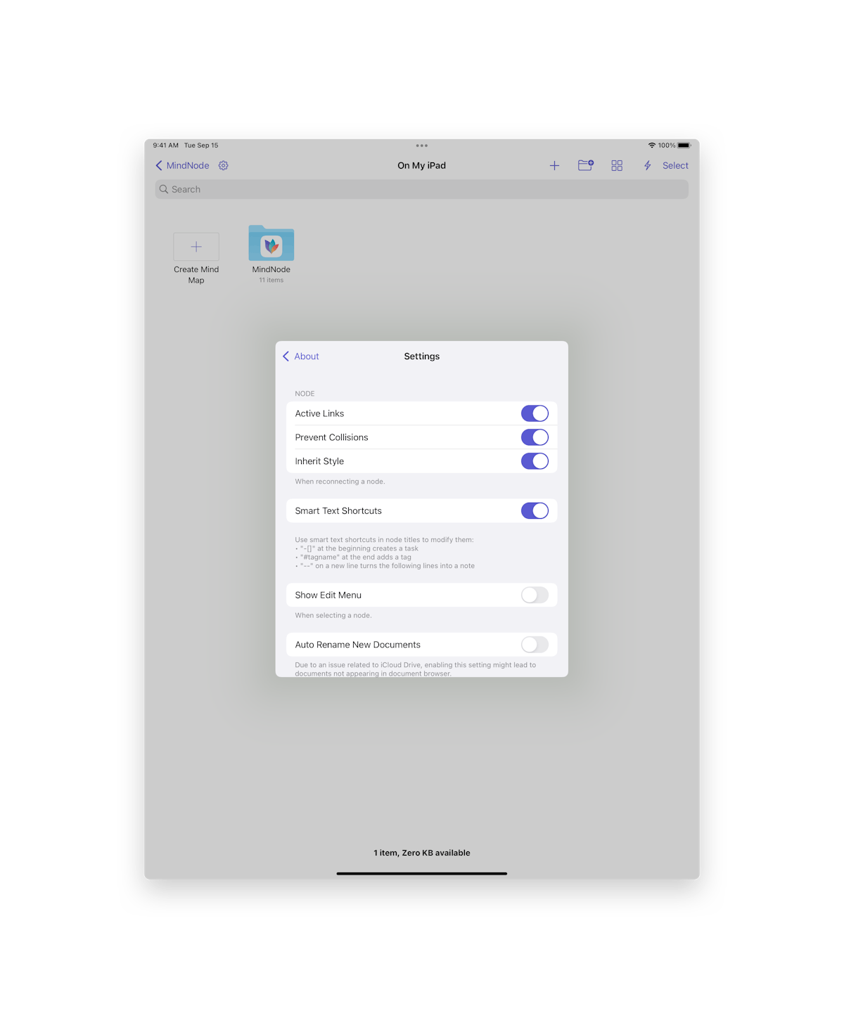 iOS settings in MindNode 