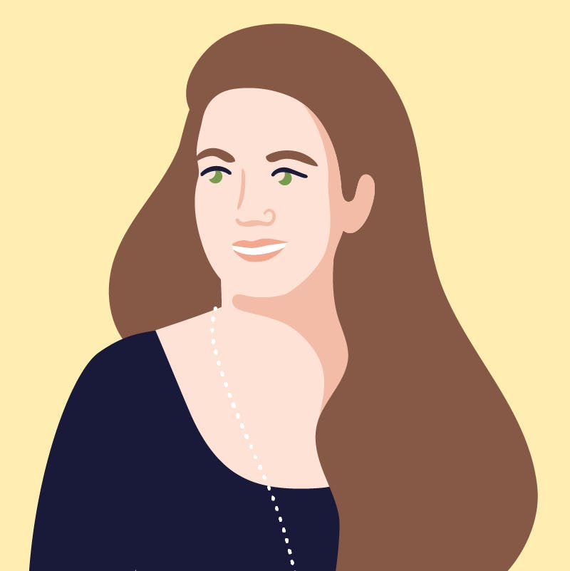 Digital illustration. Headshot of Vanessa Sigl, a person with a light skin tone and long brown hair, wearing a long pearl necklace and black scoop-neck top. 