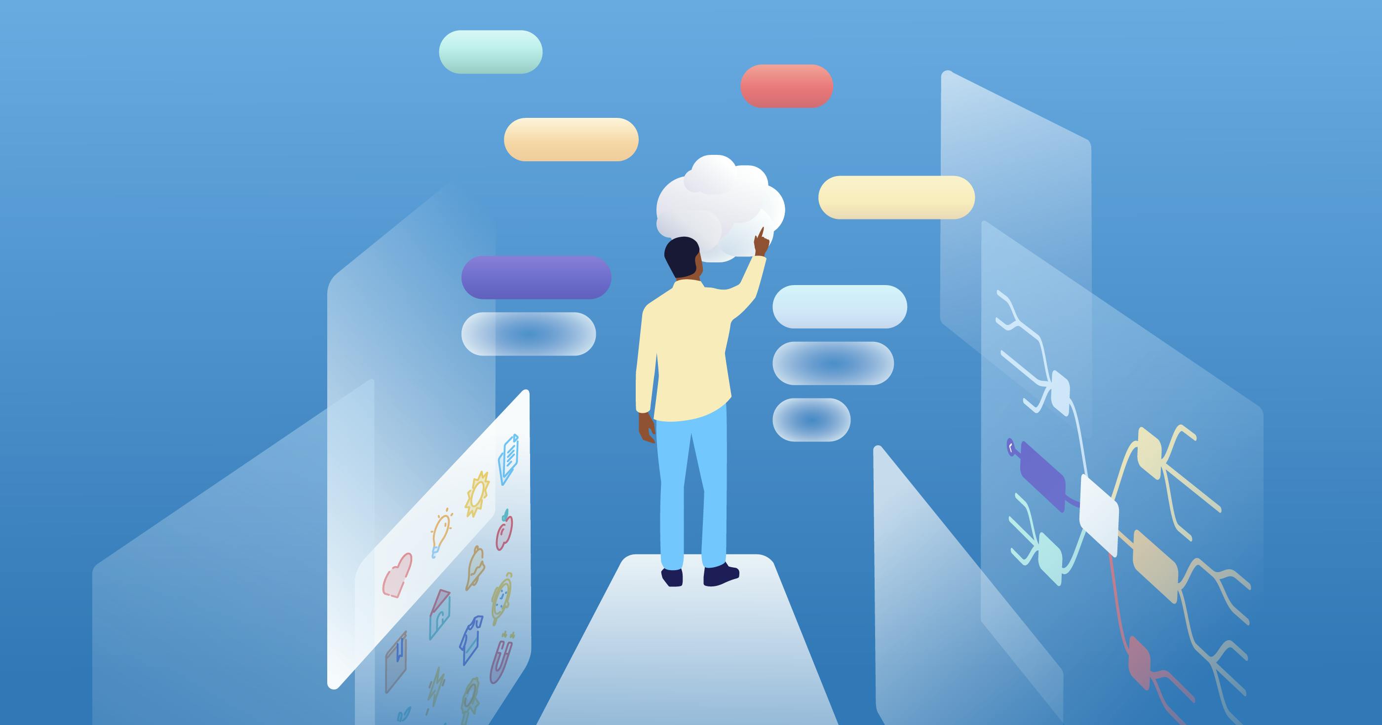 An illustration of a person standing on a ledge. In front of them is a cloud which they are touching with the index finger of their right hand. Around the cloud float pill-shaped nodes. Left and right of the person are floating app windows. On one you can see different MindNode stickers, on another a mind map.