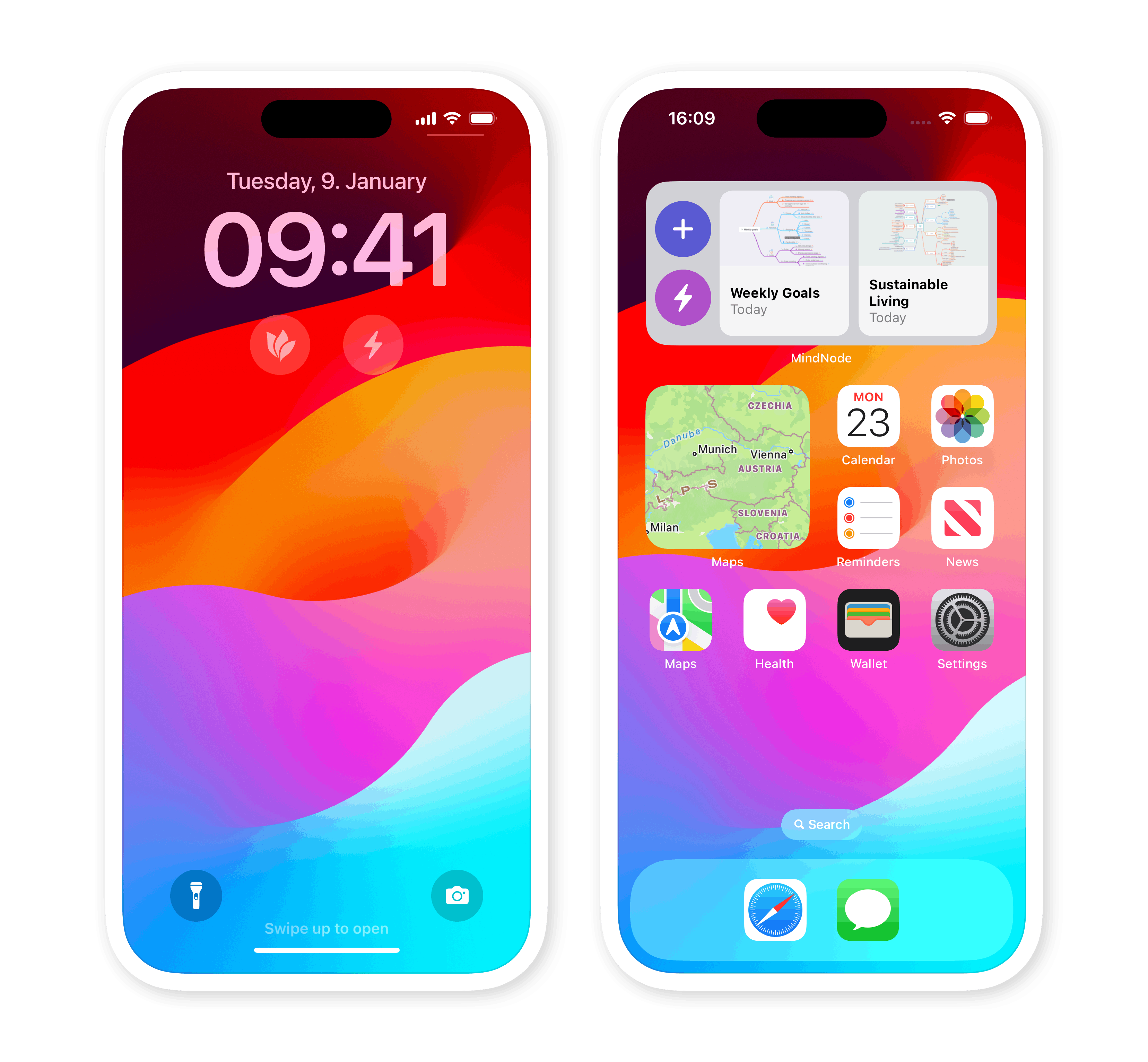 Side-by-side iPhones show the MindNode widgets displayed on both the lock screen and main app screen. The widget on the main app screen is a quick preview widget that stretches across the top third of the iPhone screen, providing options to create or edit a mind map.