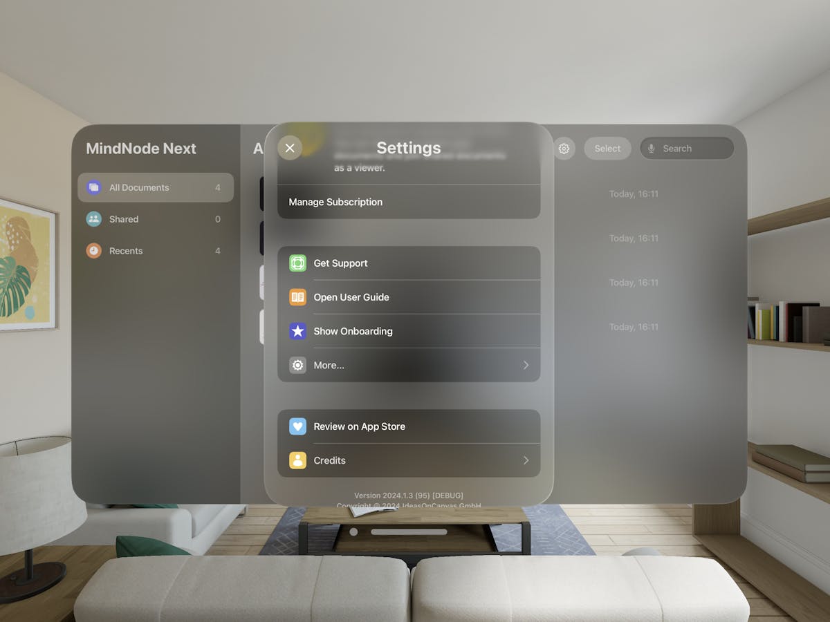 MindNode Settings on the VisionPro