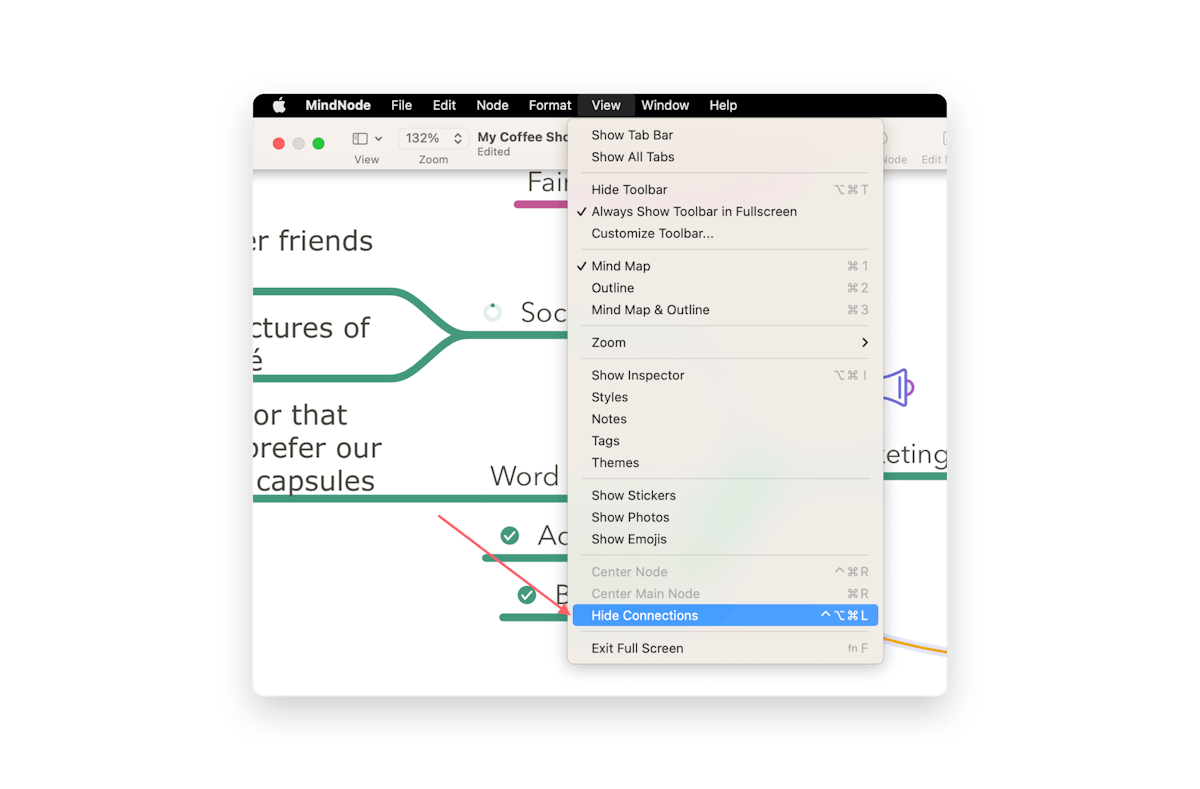 Hiding connections through the View option in the Menubar