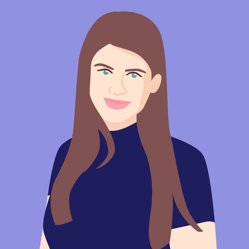 Digital illustration. Headshot of Simona Stillová, a person with light skin tone and brown long hair, wearing a dark violet shirt.