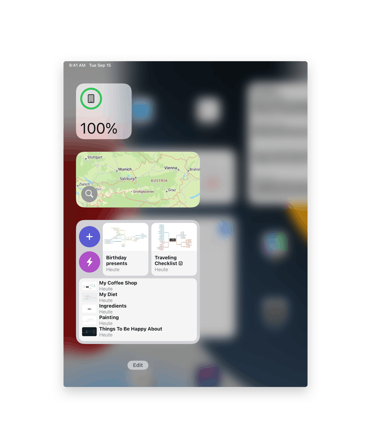 Access MindNode easily through the Widget on your Home Screen, Lock Screen, or Today View