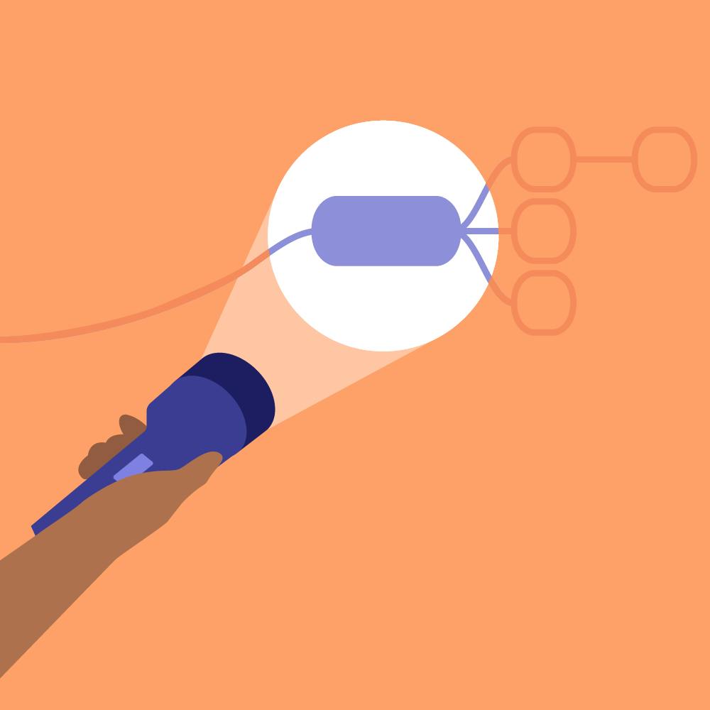 Illustration of a darkskinned-hand holding a flashlight which highlights a node of a mind map. The flashlight and node are in different shades of violet. The background is orange.