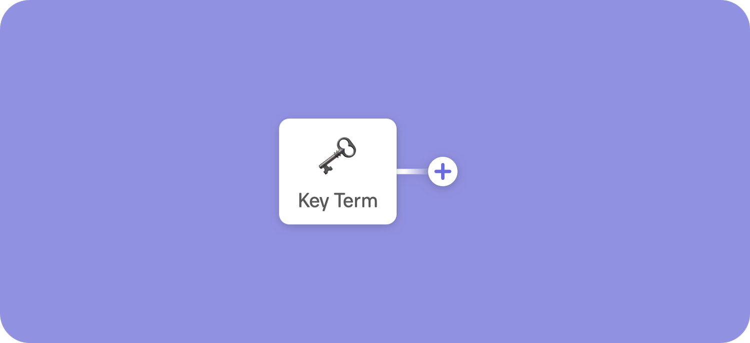 Beginning of a mind map with the main node, here shown with a white background and the word Key Term and a key emoji. From the main node is branching out a plus sign, when you click on it you can add another node.