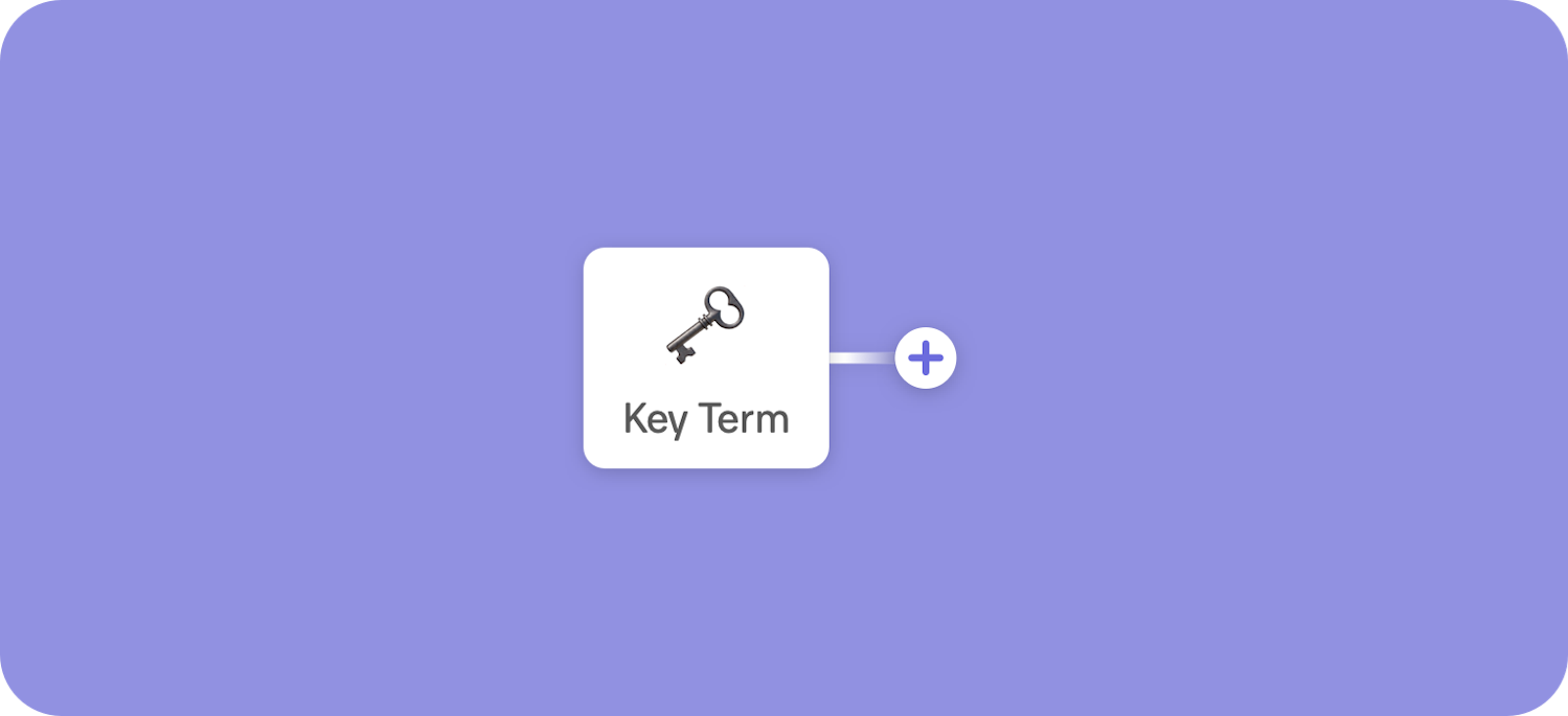 Beginning of a mind map with the main node, here shown with a white background and the word Key Term and a key emoji. From the main node is branching out a plus sign, when you click on it you can add another node.