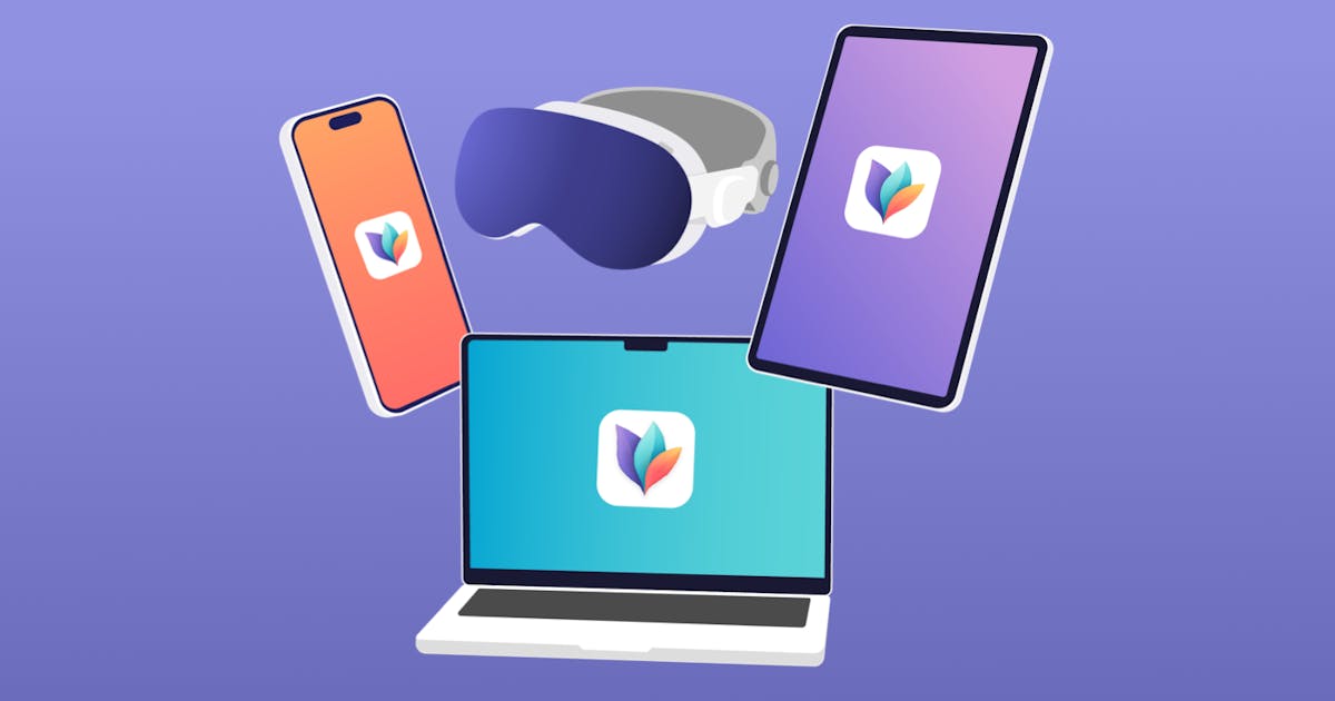 On a purple background are an iPhone, iPad, and MacBook all with the MindNode Next icon on it. There's also a Vision Pro.