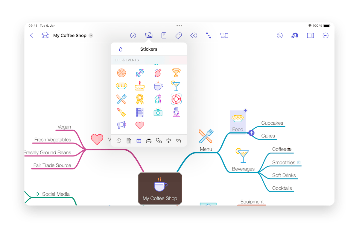 Opening the sticker selection in the toolbar