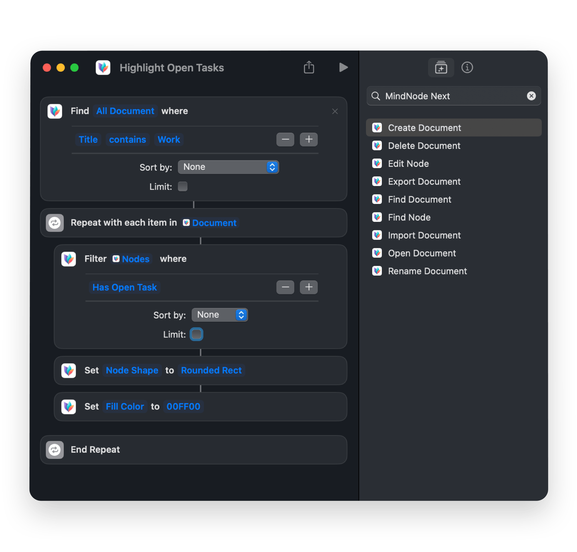 A sample shortcut for MindNode Next in Apple's shortcuts app. 