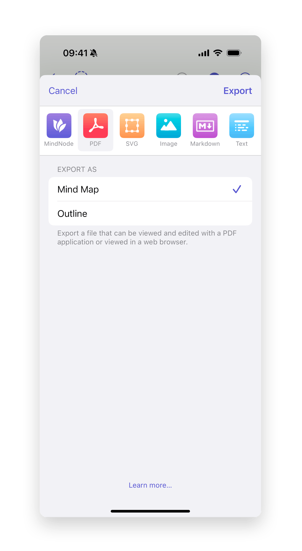 Selection of MindNode, PDF, SVG, Image, Markdown and Text to export to