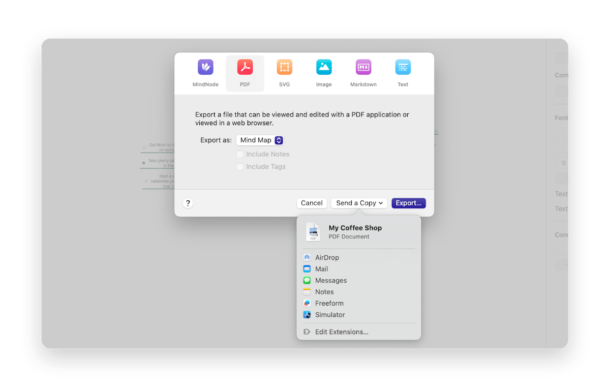 Selection of MindNode, PDF, SVG, Image, Markdown and Text to export to
