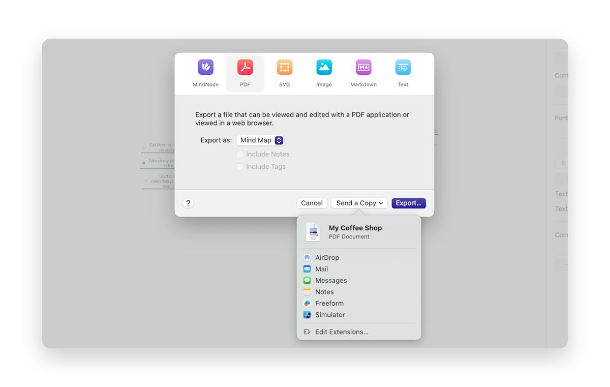 Selection of MindNode, PDF, SVG, Image, Markdown and Text to export to