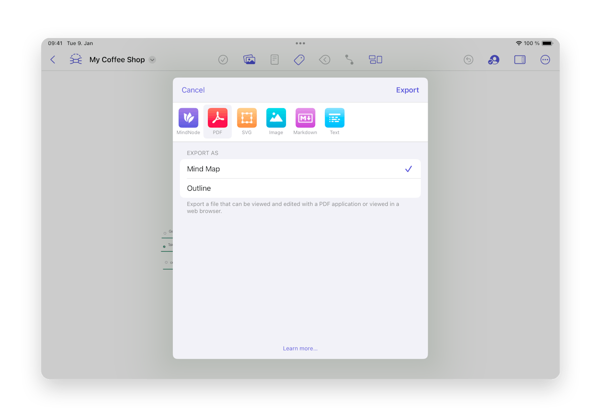 Selection of MindNode, PDF, SVG, Image, Markdown and Text to export to