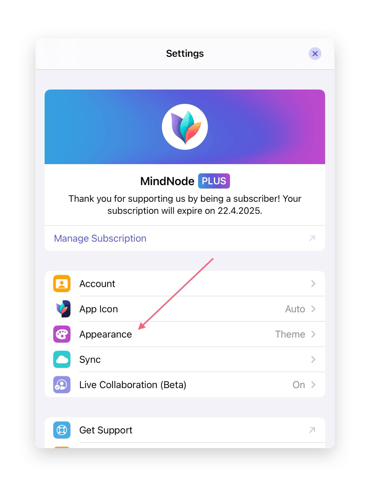 iOS settings apperance MindNode Next