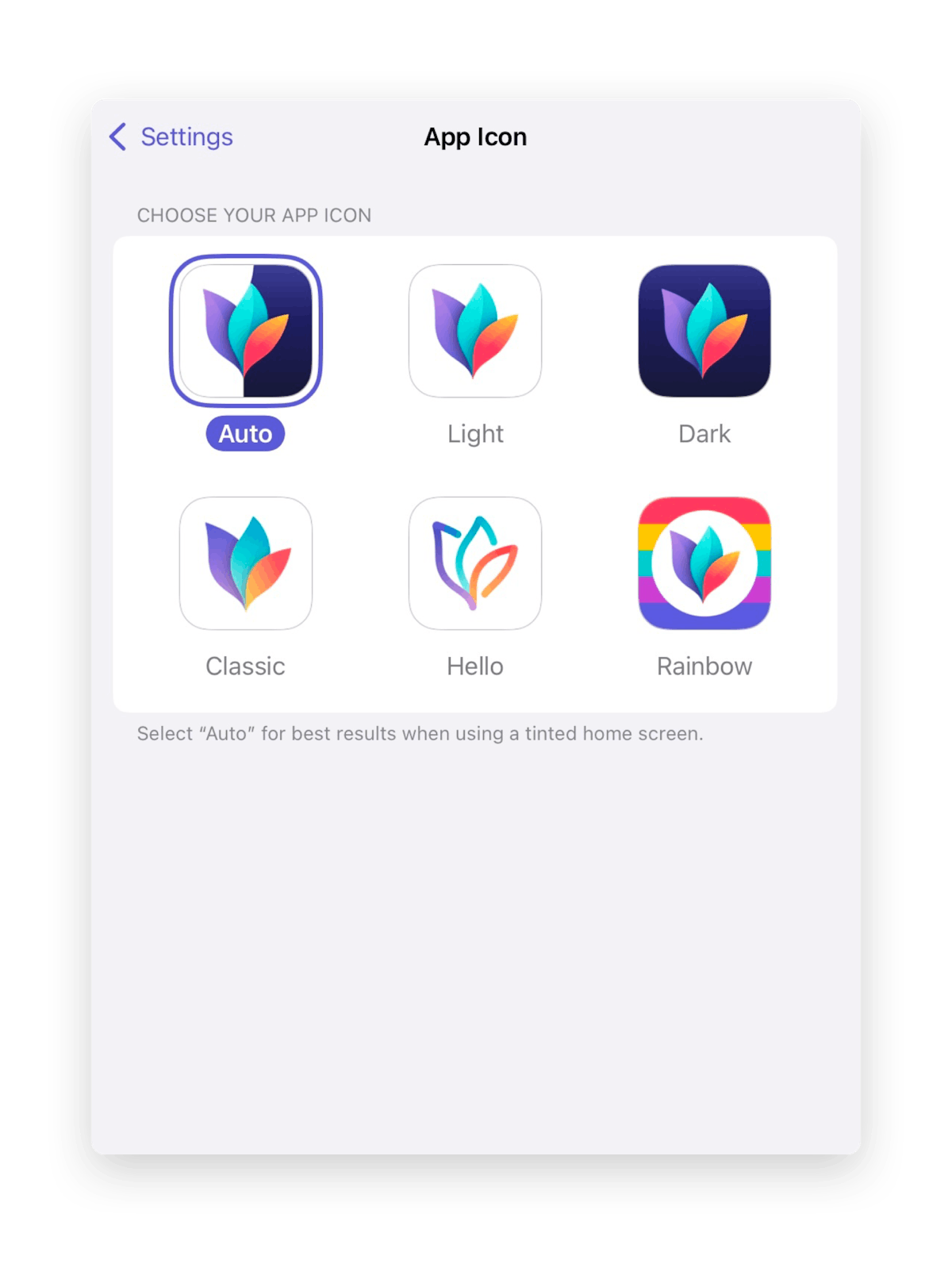 iOS settings to choose between six differnt app icons for MindNode Next